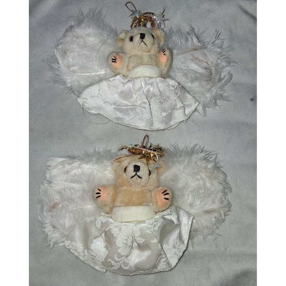 Vintage Plush Angel Bear Christmas Ornaments Set of 2 White Feather Wings 8"